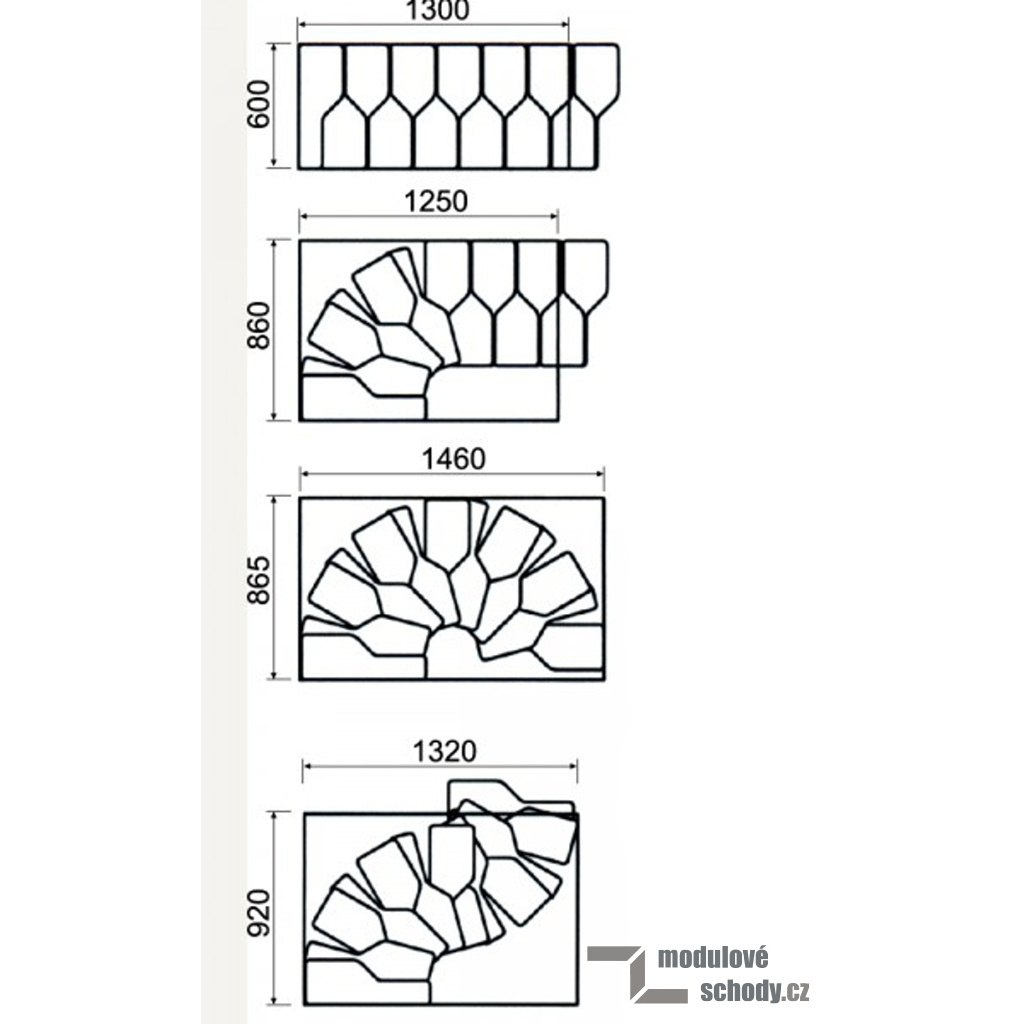 Příklady rozložení modulových schodů Minka Twister v závislosti na velikosti stropního otvoru