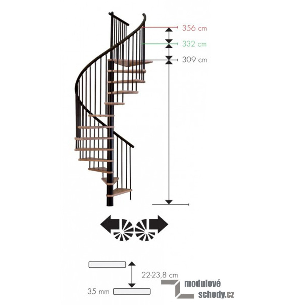 Vřetenové schody Minka Rondo Spiral Effect s technickými parametry - vhodné pro výšku podlaží až 356 cm