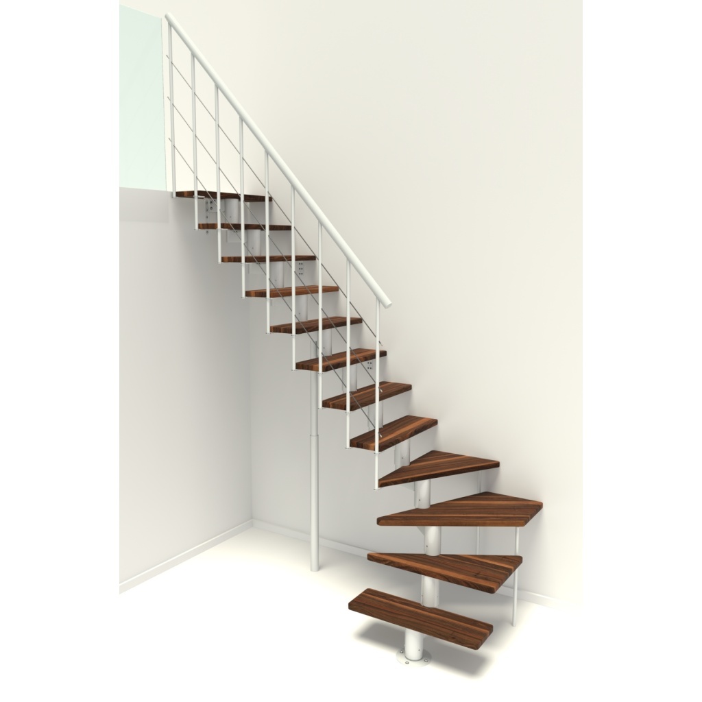 Lomené moderní schody Minka Comfort 1/4 – hnědé stupně a bílá konstrukce